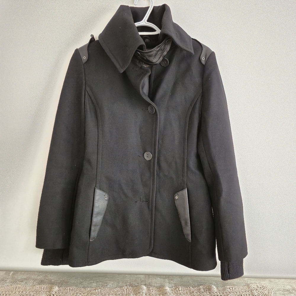 Rudsak Black Wool Coat/ peacoat/ jacket with Leeather Trim , Women Size M - Picture 3 of 16